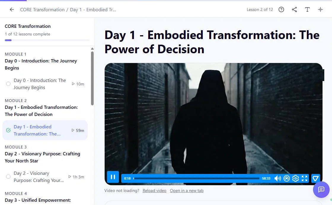 A course lesson with its video player, lesson list and progress