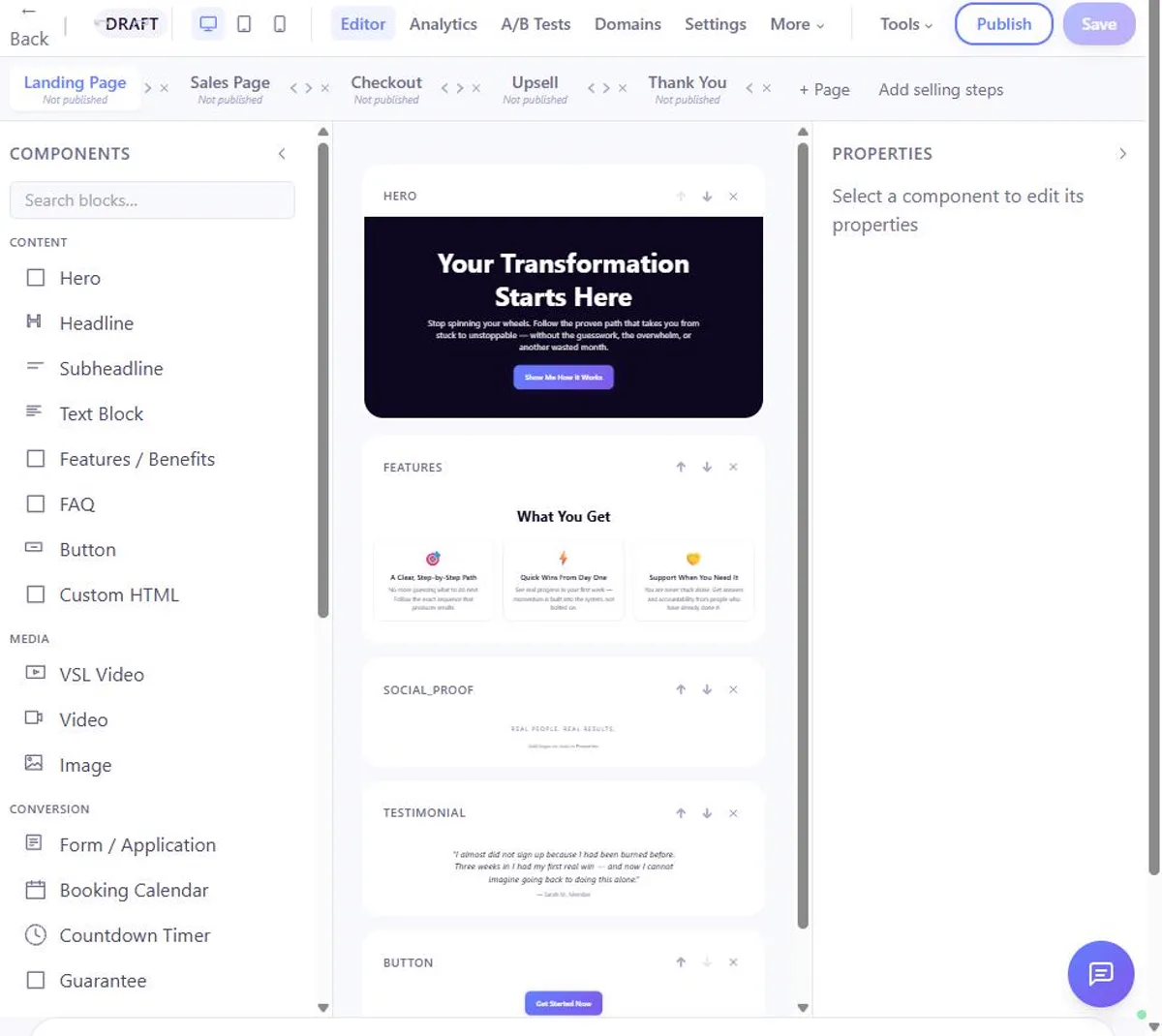 The funnel editor with page blocks and a landing page
