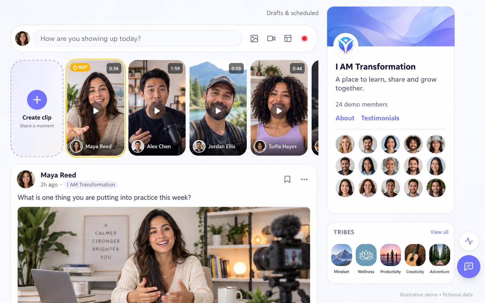 Illustrative I AM Transformation community feed with fictional member video clips, a sample post and member avatars.